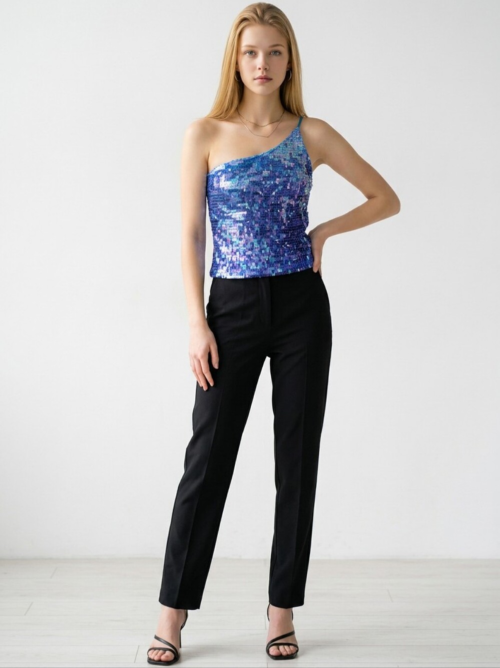 Express Y2K Shiny Sparkle Blue Sequin One Shoulder Crop Top Built-in Bra Size L